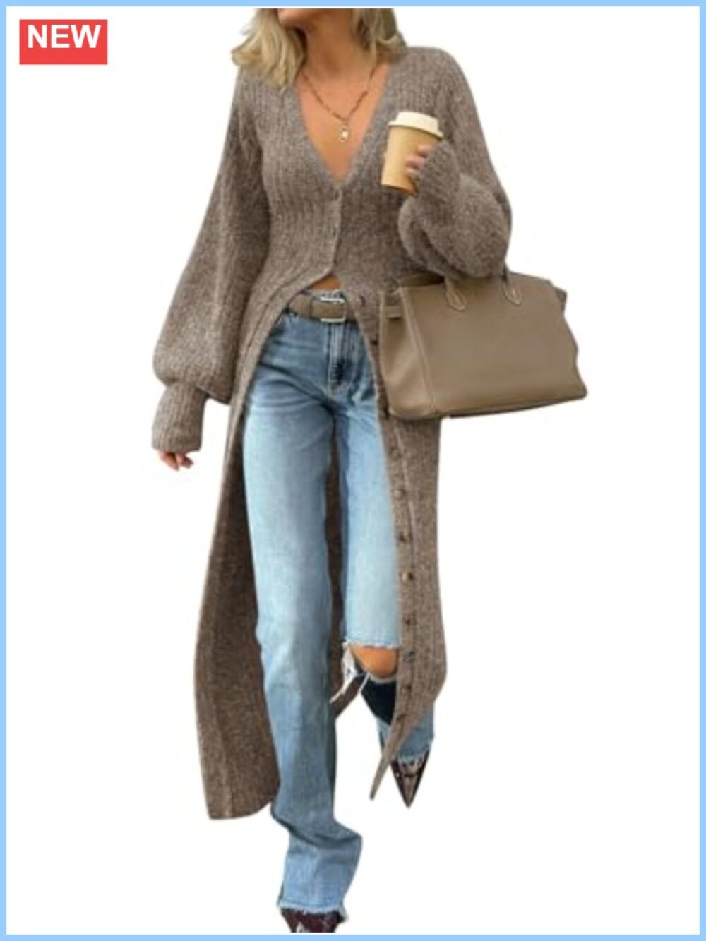 Chunky Knit Long Cardigan V-Neck Button Down Maxi Sweater Dress